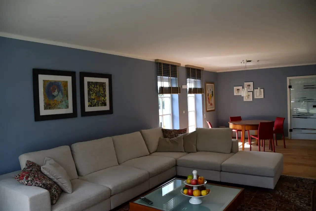 Hell renoviertes Wohnzimmer mit blauer Wandfarbe, gemütlichem Sofa und dekorativen Kunstwerken.