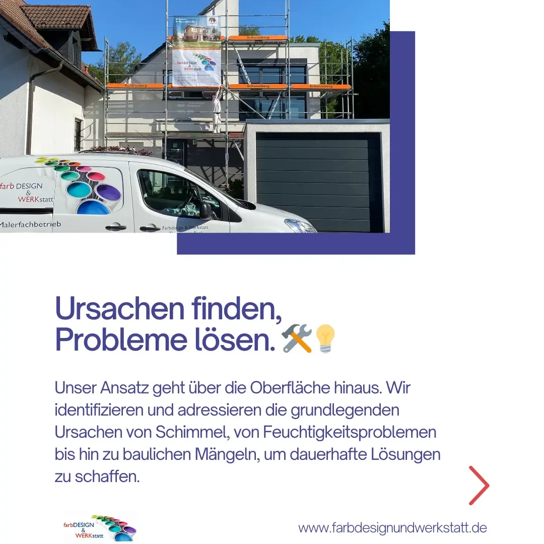 farbDESIGN und WERKstatt Fahrzeug vor einem renovierten Haus.