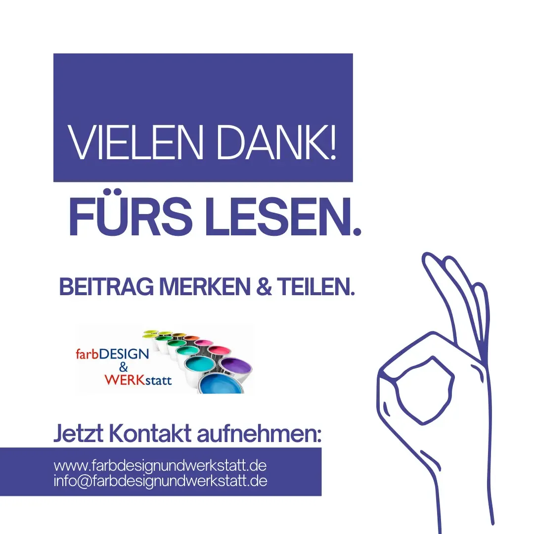 Dankesbanner von farbDESIGN und WERKstatt mit Kontaktinformationen.